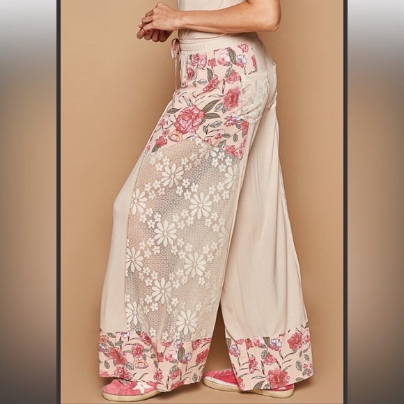POL Floral Lace Wide-Leg Pants - Pink and Cream - Picture 3 of 3